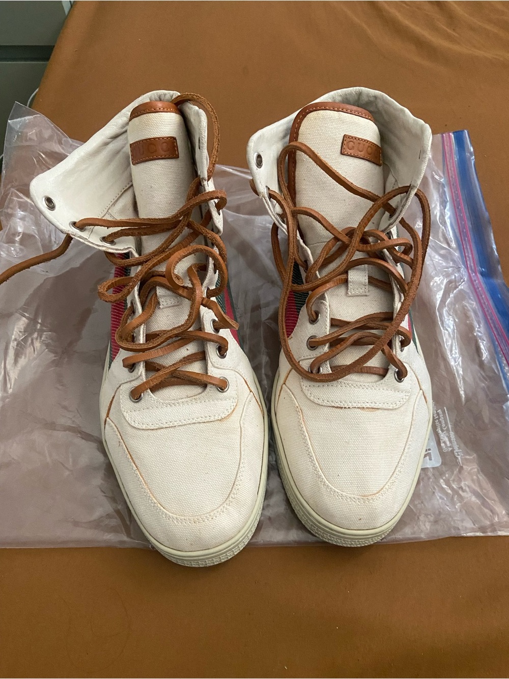 Gucci Web Canvas High-Top Sneakers in Cream and Brown - Picture 1 of 5